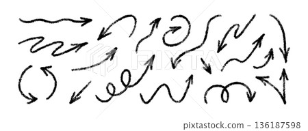 Crayon brush arrow signs. Doodle chalk direction line. Hand drawn grunge arrows with pencil texture. Sketch crayon drawing design elements set. Vector illustration isolated on white background 136187598