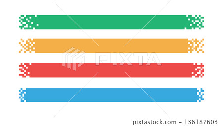 Pixel rectangle header. Pixel gradient title set. Horizontal stripe geometric mosaic banner. Abstract game digital pattern. Web color title shape. Vector illustration isolated on white background Pixel rectangle header. Pixel gradient title set. Horizontal stripe geometric mosaic banner. Abstract game digital pattern. Web color title shape. Vector illustration isolated on white background 136187603