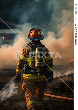 一張消防員背影的照片，展現了他前往訓練場時肩負的使命感，訓練場被煙霧籠罩。 136187681