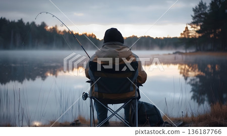 清晨薄霧籠罩湖面，一個人獨自垂釣，畫面寧靜舒緩。 136187766