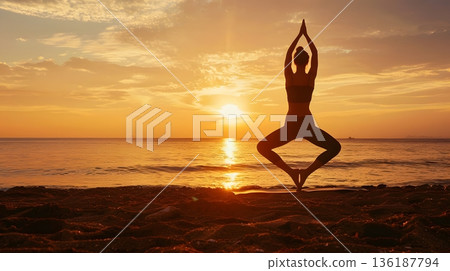 Silhouette of yoga on the beach at sunset and image of healing for mind and body Silhouette of yoga on the beach at sunset and image of healing for mind and body 136187794