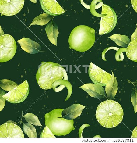 Hand drawn illustration of seamless pattern with fresh green lime fruits, slices, zest and leaves on dark green background. Botanical citrus texture for textile, wrapping paper and wallpaper design. Hand drawn illustration of seamless pattern with fresh green lime fruits, slices, zest and leaves on dark green background. Botanical citrus texture for textile, wrapping paper and wallpaper design. 136187811