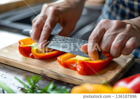 廚房里切菜的烹飪場景圖片，展現了一種自己做飯的生活方式。 136187896