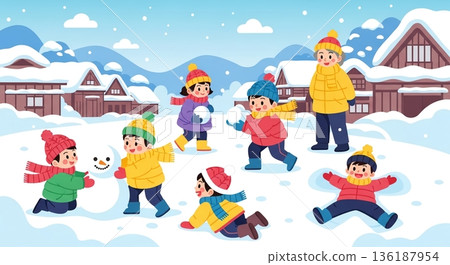 孩子們在雪地裡嬉戲玩耍,臉上洋溢著笑容!他們在冬日村莊玩得不亦樂乎。 孩子們在雪地裡嬉戲玩耍,臉上洋溢著笑容!他們在冬日村莊玩得不亦樂乎。 136187954