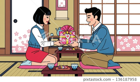 A couple giving a gift in a Japanese-style room to show their gratitude 136187958