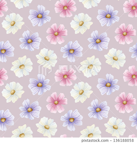 Girly naive floral seamless pattern with watercolor daisy flowers in white, pastel pink and purple colors. Wildflowers simple repeat background on dust pink. Cosmos garden plant hand drawn backdrop 136188058