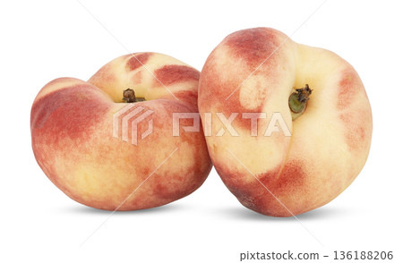 Ripe Chinese flat peach fruit isolated on a white background Ripe Chinese flat peach fruit isolated on a white background 136188206