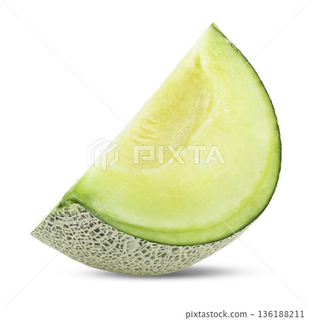 Slice of  Green cantaloupe melon on white background 136188211