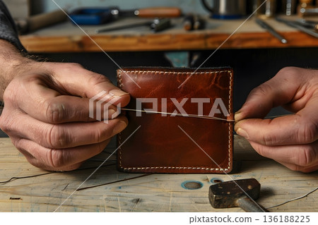 精密工藝的世界,以及皮革工匠手工縫製皮革皮夾的雙手。 精密工藝的世界,以及皮革工匠手工縫製皮革皮夾的雙手。 136188225