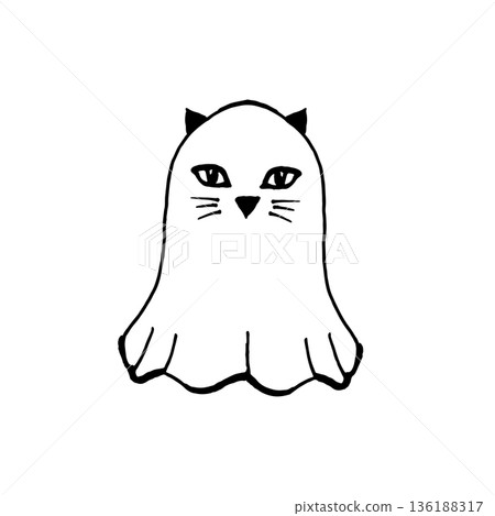 Minimalist black and white ink drawing of a cute cat ghost. The simple line art features a draped ghost sheet with feline ears, eyes, and whiskers, perfect for spooky Halloween decor and stickers. 136188317