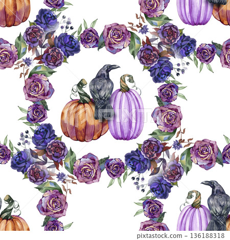 Seamless watercolor pattern featuring a repeating square grid of dark purple rose wreaths. Each floral frame encloses a black raven perched between a light purple and an orange pumpkin 136188318