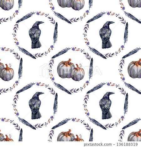Watercolor seamless pattern featuring mystical alternating circular wreaths. One frame encloses two grey pumpkins, while the other features a black raven, both surrounded by dark feathers and purple 136188319