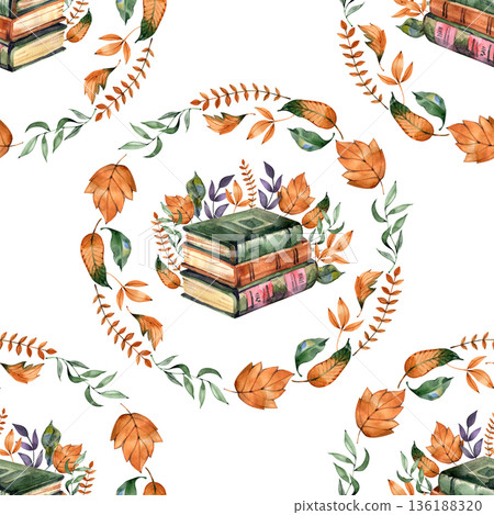 A series of seamless watercolor patterns featuring repeating mystical elements: feathers and berries, autumn pumpkin wreaths, or vintage book wreaths with fall foliage. A series of seamless watercolor patterns featuring repeating mystical elements: feathers and berries, autumn pumpkin wreaths, or vintage book wreaths with fall foliage. 136188320