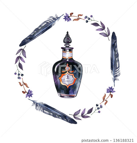 Watercolor mystical illustration of a vintage dark potion bottle in a circular wreath. The magical frame is composed of black feathers, purple flowers, and forest berries with autumn leaves. Watercolor mystical illustration of a vintage dark potion bottle in a circular wreath. The magical frame is composed of black feathers, purple flowers, and forest berries with autumn leaves. 136188321