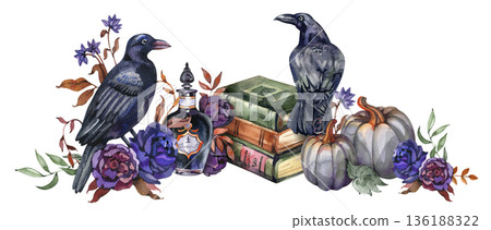 Hand-painted watercolor horizontal composition featuring mystical black crows, dark purple peonies, pumpkins, vintage books, and a potion bottle. Gothic and magical aesthetic for mysterious designs. Hand-painted watercolor horizontal composition featuring mystical black crows, dark purple peonies, pumpkins, vintage books, and a potion bottle. Gothic and magical aesthetic for mysterious designs. 136188322