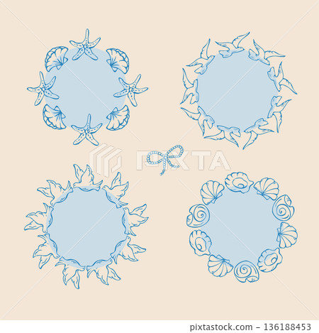 Set of outline round frames with starfish, seashells and birds 136188453