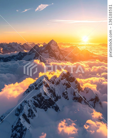 【AI生成影像】世界壯麗的戶外風光：著名山峰和雲海在晨曦中熠熠生輝 136188581