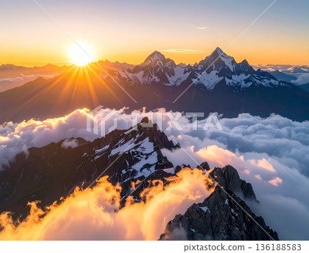 【AI生成影像】世界壯麗的戶外風光：著名山峰和雲海在晨曦中熠熠生輝 136188583
