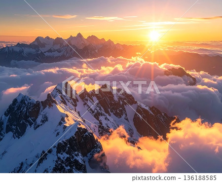 【AI生成影像】世界壯麗的戶外風光：著名山峰和雲海在晨曦中熠熠生輝 136188585
