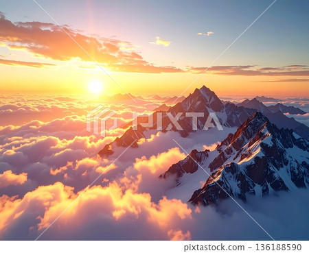 【AI生成影像】世界壯麗的戶外風光：著名山峰和雲海在晨曦中熠熠生輝 136188590