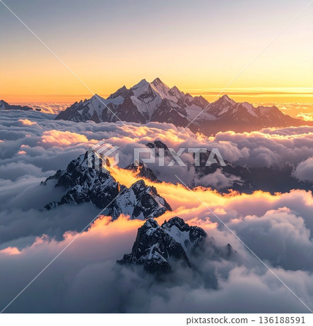 [AI-generated image] The world's great outdoors: Spectacular views of famous peaks and sea of clouds bathed in the morning sun 136188591