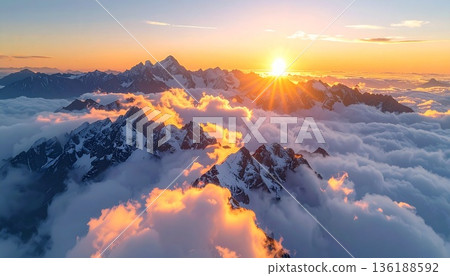 【AI生成影像】世界壯麗的戶外風光：著名山峰和雲海在晨曦中熠熠生輝 136188592