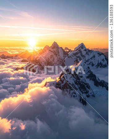 [AI-generated image] The world's great outdoors: Spectacular views of famous peaks and sea of clouds bathed in the morning sun 136188593