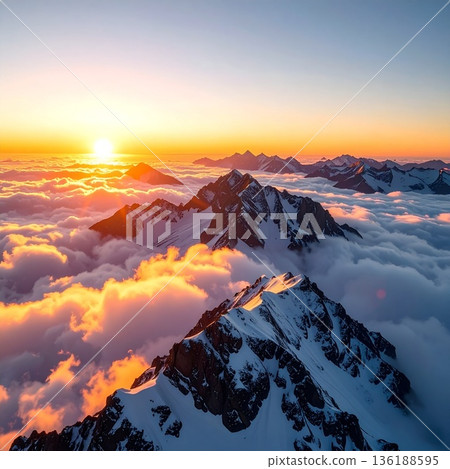 [AI-generated image] The world's great outdoors: Spectacular views of famous peaks and sea of clouds bathed in the morning sun 136188595