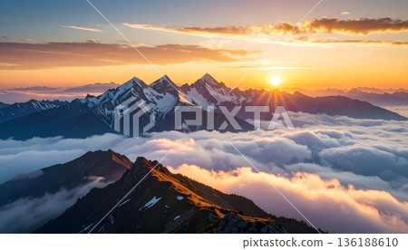 【AI生成影像】世界壯麗的戶外風光：著名山峰和雲海在晨曦中熠熠生輝 136188610