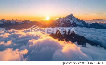 [AI-generated image] The world's great outdoors: Spectacular views of famous peaks and sea of clouds bathed in the morning sun 136188611