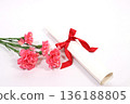 Pink carnations and a diploma tied with a red ribbon 136188805