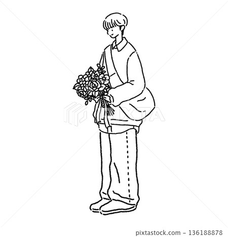 簡單的裝束搭配一束花。線條畫。 136188878