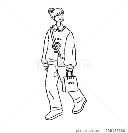 A woman in a cute and uncool casual outfit - line drawing 136188880
