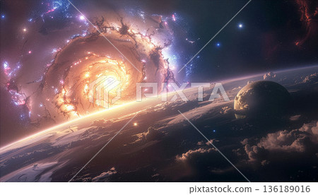 Bright lights of a distant galaxy shine in space. A nearby planet is surrounded by clouds and stars. The vastness of space shows many celestial objects. 136189016