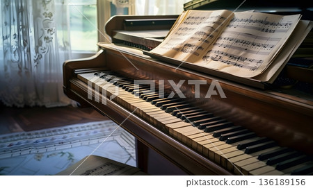 在柔和的光線下，鋼琴和樂譜構成了一幅古典音樂練習的場景。 136189156