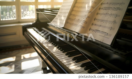 在柔和的光線下，鋼琴和樂譜構成了一幅古典音樂練習的場景。 136189157