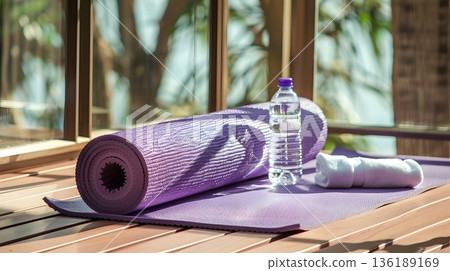 房間裡鋪著瑜珈墊，沐浴著晨光，養成健康的晨間習慣。 136189169