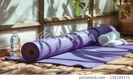 房間裡鋪著瑜珈墊，沐浴著晨光，養成健康的晨間習慣。 136189171