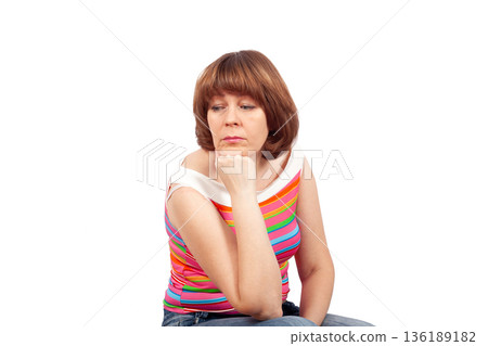 Sad Depressed Woman Thinking Isolated White Background 136189182