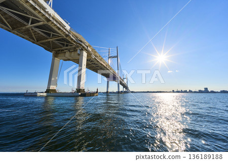 View of Yokohama Bay Bridge from Daikoku Wharf 136189188