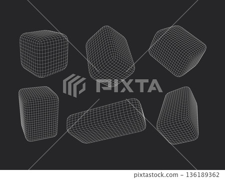 Set of 3D wireframe cubes and rectangles in different angles. Abstract geometric grid shapes for tech, digital data and cyber design. Vector linear mesh elements on black background. Set of 3D wireframe cubes and rectangles in different angles. Abstract geometric grid shapes for tech, digital data and cyber design. Vector linear mesh elements on black background. 136189362