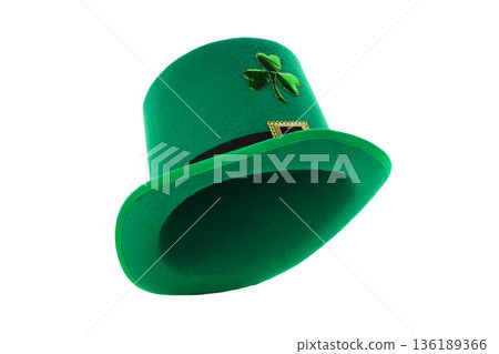 Vibrant green leprechaun hat with a shamrock design, isolated, PNG Vibrant green leprechaun hat with a shamrock design, isolated, PNG 136189366