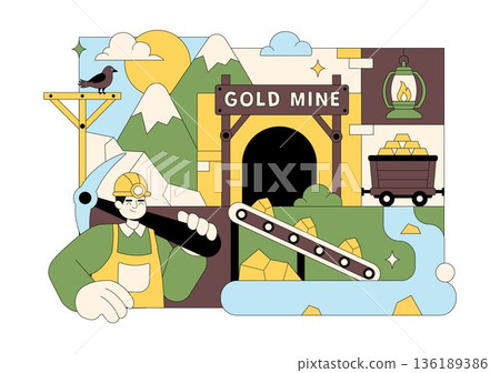 Gold Mine Vector Illustration Depicting Mining Industry Activities Featuring Treasure, Coin Piles, Jewelry, And Gemstones In Flat Cartoon Background Gold Mine Vector Illustration Depicting Mining Industry Activities Featuring Treasure, Coin Piles, Jewelry, And Gemstones In Flat Cartoon Background 136189386