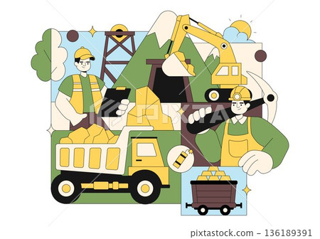 Gold Mine Vector Illustration Depicting Mining Industry Activities Featuring Treasure, Coin Piles, Jewelry, And Gemstones In Flat Cartoon Background 136189391