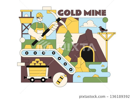 Gold Mine Vector Illustration Depicting Mining Industry Activities Featuring Treasure, Coin Piles, Jewelry, And Gemstones In Flat Cartoon Background Gold Mine Vector Illustration Depicting Mining Industry Activities Featuring Treasure, Coin Piles, Jewelry, And Gemstones In Flat Cartoon Background 136189392