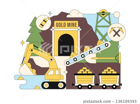 Gold Mine Vector Illustration Depicting Mining Industry Activities Featuring Treasure, Coin Piles, Jewelry, And Gemstones In Flat Cartoon Background Gold Mine Vector Illustration Depicting Mining Industry Activities Featuring Treasure, Coin Piles, Jewelry, And Gemstones In Flat Cartoon Background 136189393