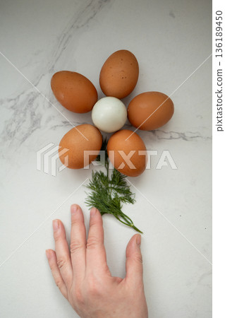 Aesthetic Presentation Of Eggs And Dill Arranged With Care On Marble Background By Home Chef Aesthetic Presentation Of Eggs And Dill Arranged With Care On Marble Background By Home Chef 136189450