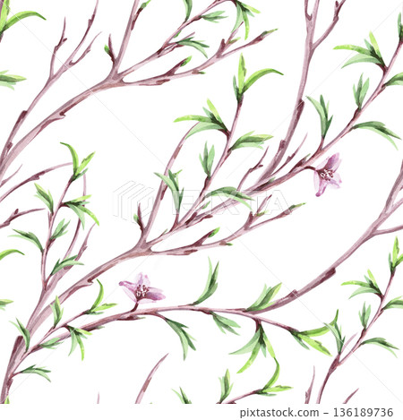 A seamless pattern with diagonal spring branches. Watercolor illustration for packaging design, fabric printing, interior design, greeting cards, holiday decor, and souvenirs. A seamless pattern with diagonal spring branches. Watercolor illustration for packaging design, fabric printing, interior design, greeting cards, holiday decor, and souvenirs. 136189736
