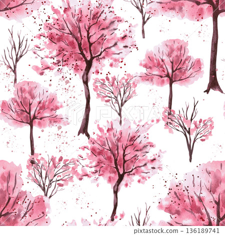 A seamless pattern with blossoming trees on a lilac background. Watercolor illustration for packaging design, fabric printing, interior design, greeting cards, holiday decor, and souvenirs. A seamless pattern with blossoming trees on a lilac background. Watercolor illustration for packaging design, fabric printing, interior design, greeting cards, holiday decor, and souvenirs. 136189741