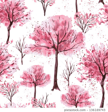 Seamless pattern with trees in bloom. Watercolor illustration for packaging design, fabric printing, interior design, greeting cards, holiday decor, and souvenirs. Seamless pattern with trees in bloom. Watercolor illustration for packaging design, fabric printing, interior design, greeting cards, holiday decor, and souvenirs. 136189743